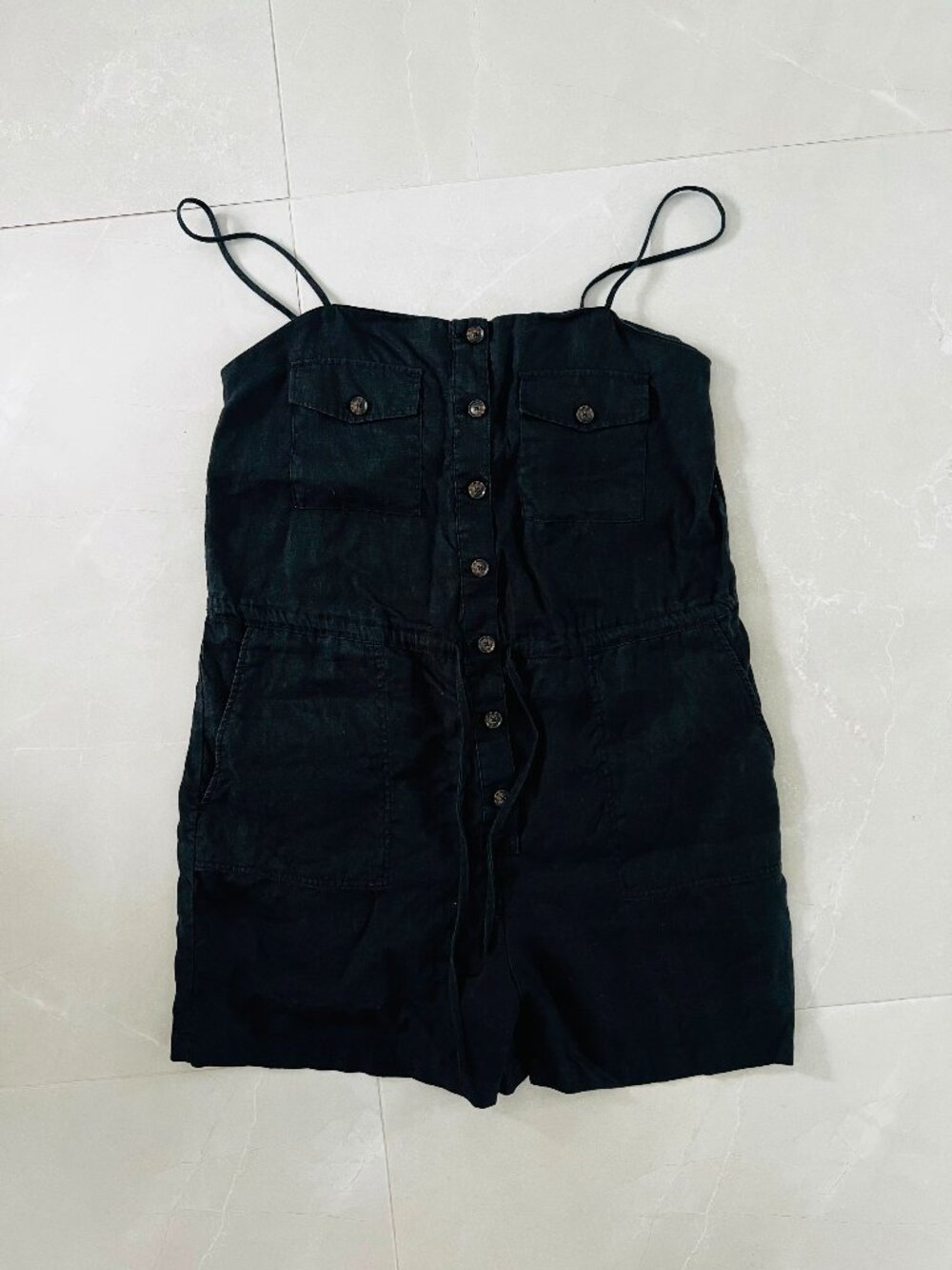 Mango Black Linen Blend Button-Front Romper (Size 6)
